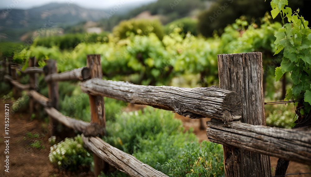 Fototapeta premium Closeup of a rustic wooden fence surrounding a lush vineyard showcasing natural materials blending seamlessly with growing grapevines
