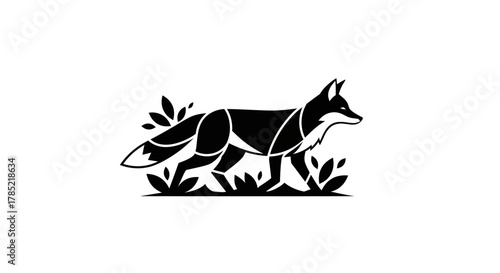 Stylized black fox silhouette walking through grass against a white background