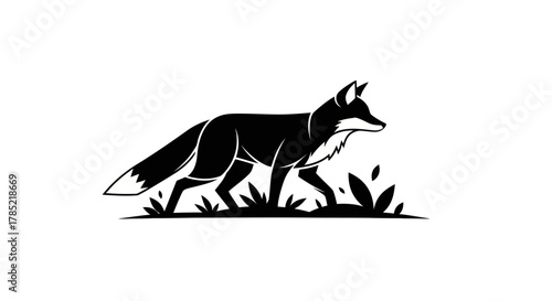 Stylized black fox walking through grass vector illustration design