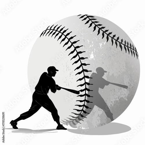 Vector silhouette illustration of a baseball player hitting a ball with a bat and glove, a fast-paced sport game action