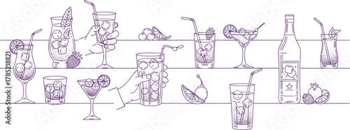 Refreshing cocktail drinks with ice cubes, fruit garnishes, bar glasses, and bottle elements arranged neatly in elegant style - flat vector illustration