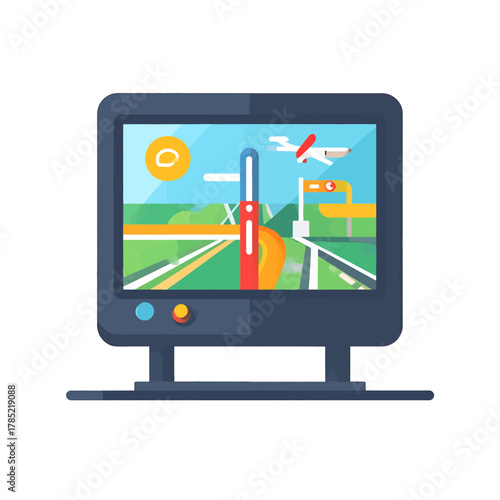 Pixel Art Racing Game on Blue Monitor with Plane Sun Green Hills and Checkered Finish Line on Race Track Vector Illustration