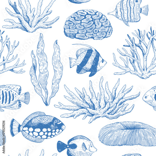 Monochrome elegant seamless pattern with corals, tropical fish and seaweeds. Hand-drawn illustration in classic engraving style.