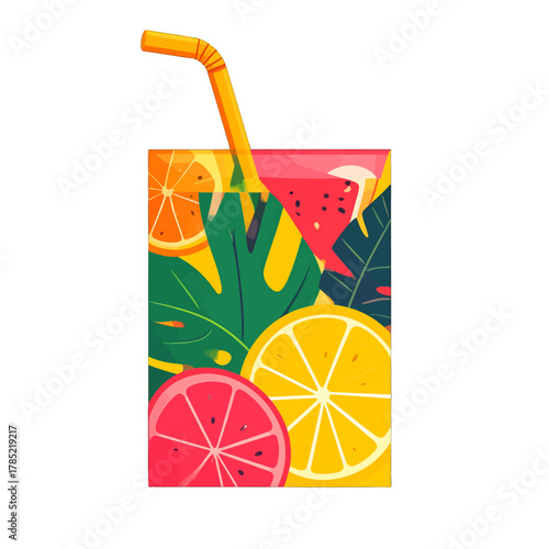 Vibrant Fruit Juice Box with Straw Featuring Citrus Slices Tropical Leaves and Watermelon Illustration on White Background