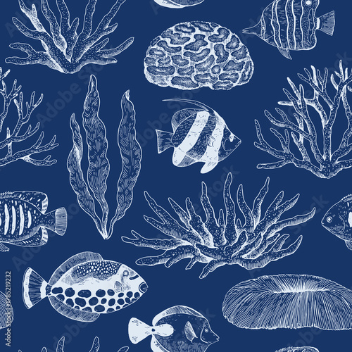 Monochrome elegant seamless pattern with corals, tropical fish and seaweeds. Hand-drawn illustration in classic engraving style.