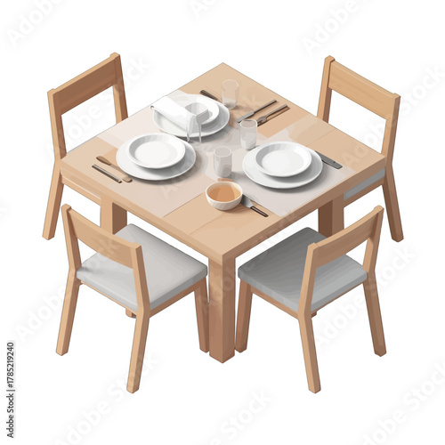 Isometric Square Dining Table Set with Four Chairs in Pale Wood and White Plates Against White Background