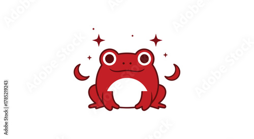 Stylized red frog icon with celestial elements on white background