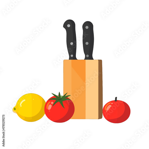 Pixel Art Illustration of Knives in a Wooden Block with Tomatoes and Lemon on White Background