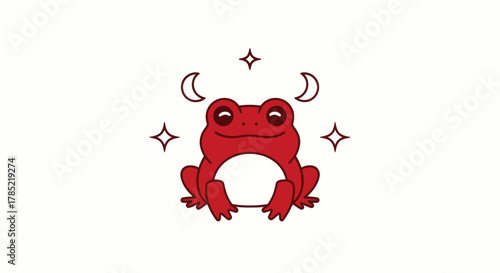 Stylized red frog with celestial elements on white background