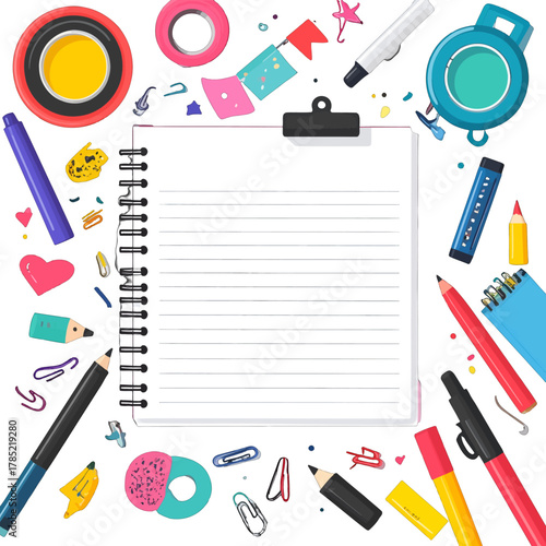 Overhead View of Blank White Notepad Surrounded by Colorful Stationery Items on White Background