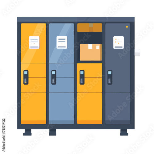 Row of Multi Colored School Lockers with Boxes and Paperwork in White Background