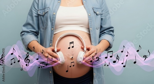 Pregnant woman listening to music with headphones on blue background  