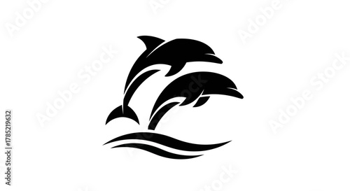 Two leaping dolphins in silhouette against a white background