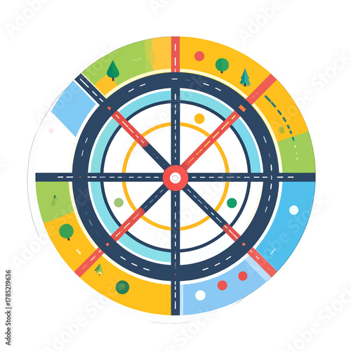 Circular Abstract Cityscape with Roads and Green Spaces on White Background