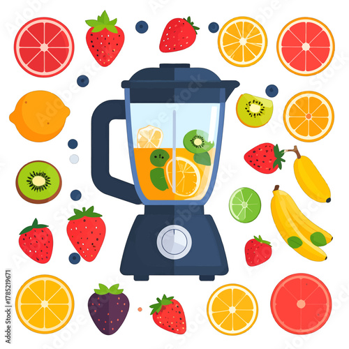 Pixelated Fruits and Blender Illustration Featuring Orange Grapefruit Lemon Strawberry Kiwi and Banana on White Background