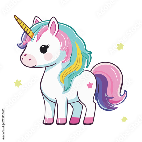 Cute cartoon unicorn with colorful mane and tail fantasy creature illustration