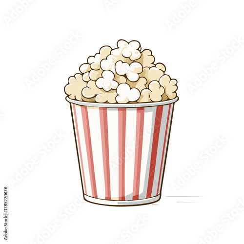 Bucket overflowed with tasty popcorn in a red striped paper container, snack time fun, cartoon illustration