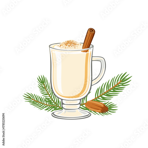 Festive eggnog drink with cinnamon stick, spice and evergreen branch illustration
