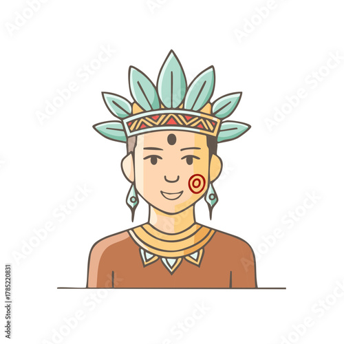 Illustration of person in Indigenous ceremonial attire with headdress and traditional adornments