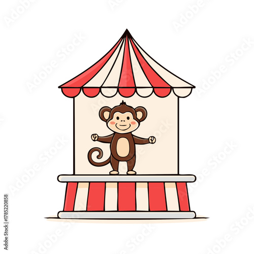 Cartoon monkey in a circus booth with striped roof, entertainment concept