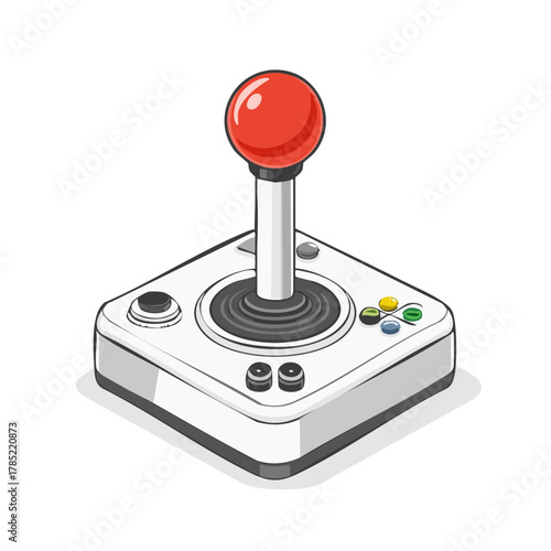 Retro video game joystick controller with red ball top and colorful buttons