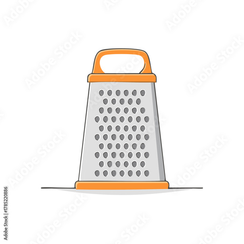 Cartoon illustration of a metal grater for culinary purposes, with orange handle and detailing