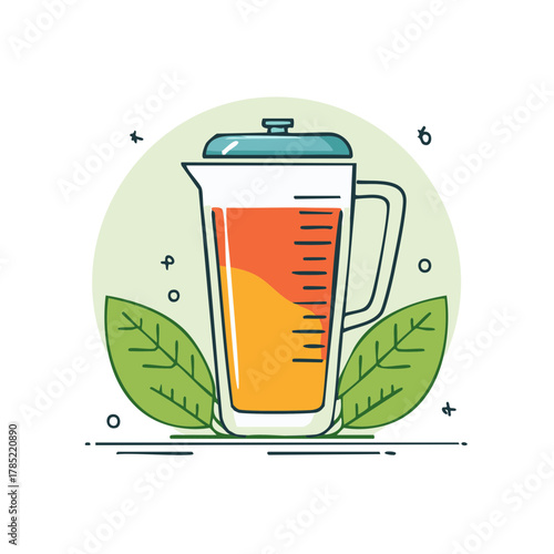 Illustration of a clear glass pitcher filled with orange and red liquid and green leaves.