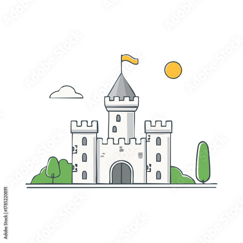 Minimalist Fairytale Castle Illustration with Flag and Nature Elements