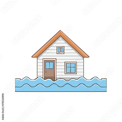 Cartoon house flooded by rising water, illustrating climate change and disaster