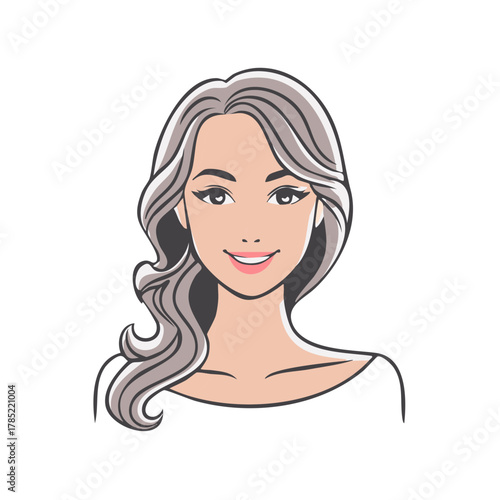 Smiling female face portrait with long grey hair, vector illustration