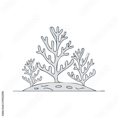 Hand-drawn outline illustration of stylized branching grey coral growing on a simple seabed