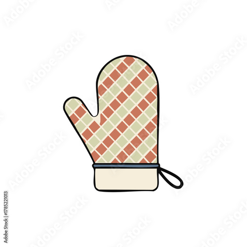 Hand drawn checkered oven mitt with a loop for hanging and a beige cuff
