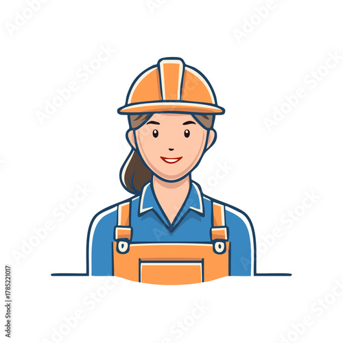 Smiling female construction worker in hard hat and overalls on white background