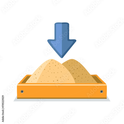 Yellow Sand Dunes Inside Container Under a Pointing Downward Arrow