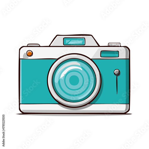 Retro style digital camera illustration in teal and white