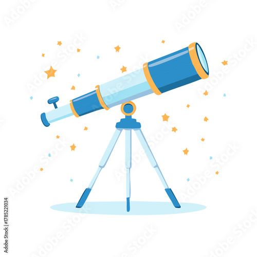 Modern flat design telescope on tripod with twinkling stars for space exploration