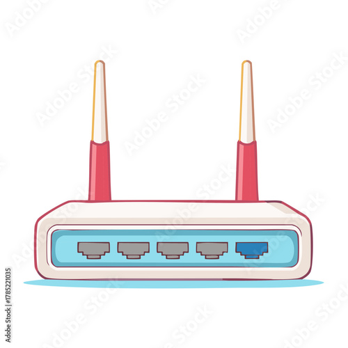 Cartoon internet router with two antennas and multiple ethernet ports