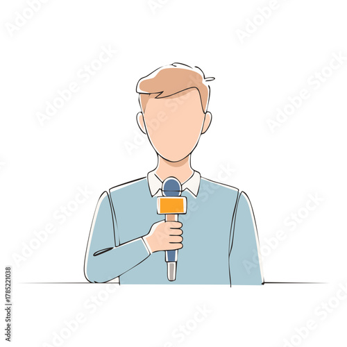 Illustrated reporter holding microphone for media broadcast interview or live news announcement