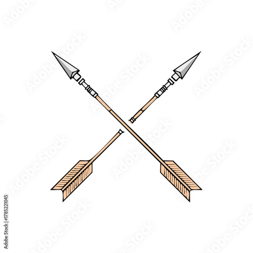 Two crossed arrows with sharp metal tips and feather fletching illustration