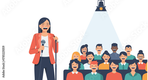 Comedian entertains laughing audience in stylish flat design