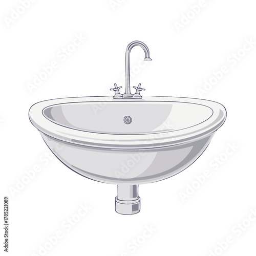 Illustrated bathroom sink with faucet. Vector drawing of a vintage hand wash basin isolated.