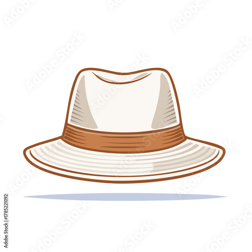 Classic white fedora hat with brown band illustration