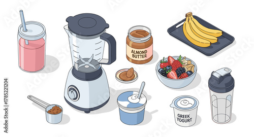 Isometric blender and ingredients for smoothie preparation
