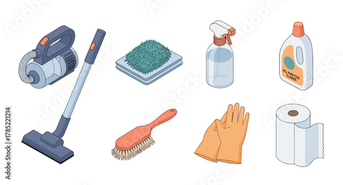 Isometric cleaning supplies set with vacuum, spray bottle, brush, gloves, and detergent