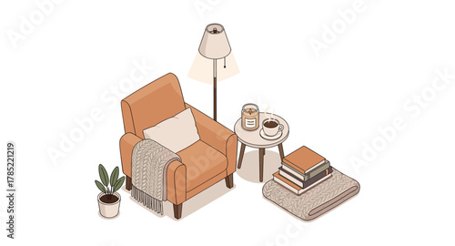 Cozy reading nook with armchair, coffee, and books in isometric style