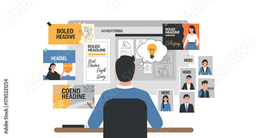 Designer brainstorming marketing strategies at desk with visual branding concepts