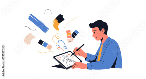 Creative designer drawing digital illustration on tablet with color samples
