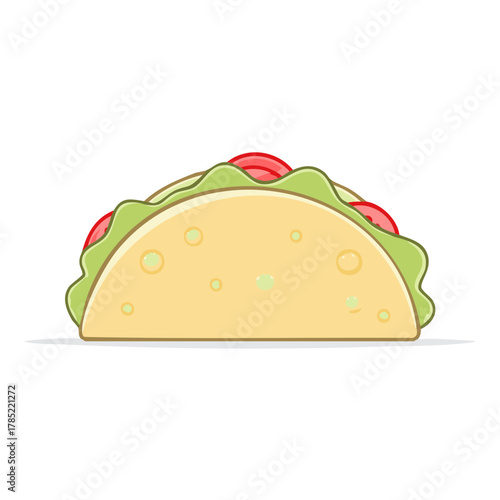 Cartoon Taco Illustration With Fresh Tomato and Lettuce Fillings, Mexican Cuisine