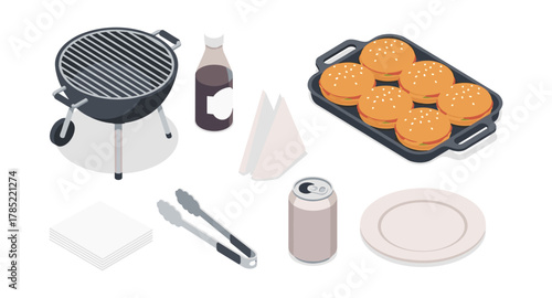 Outdoor grilling essentials with burgers and bbq tools in isometric style