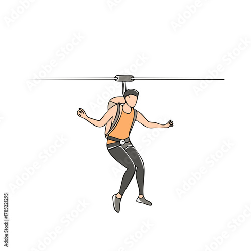 Male adventurer enjoying zipline cable ride with harness and backpack illustration